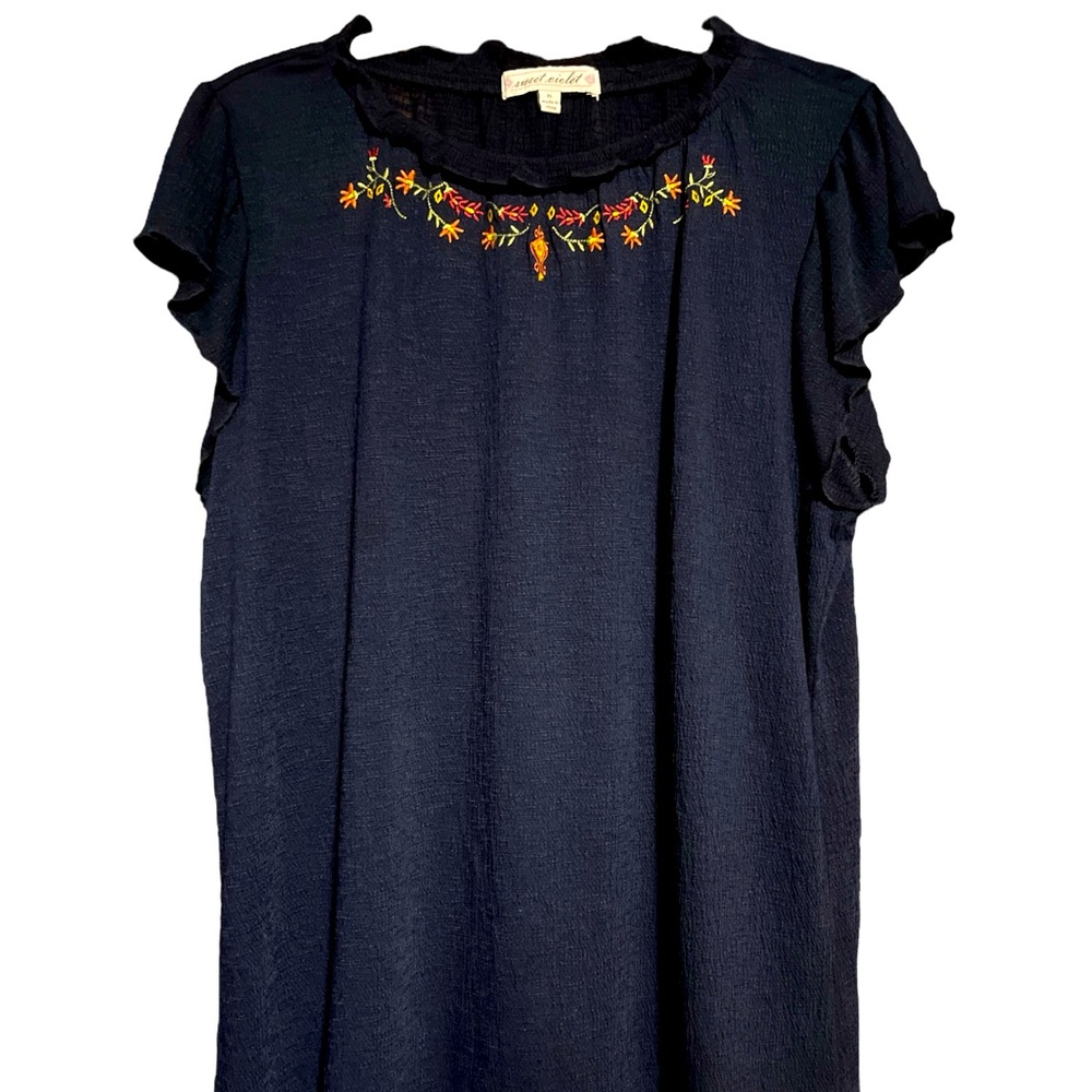 “Sweet Violet” navy blue cap sleeves textured top